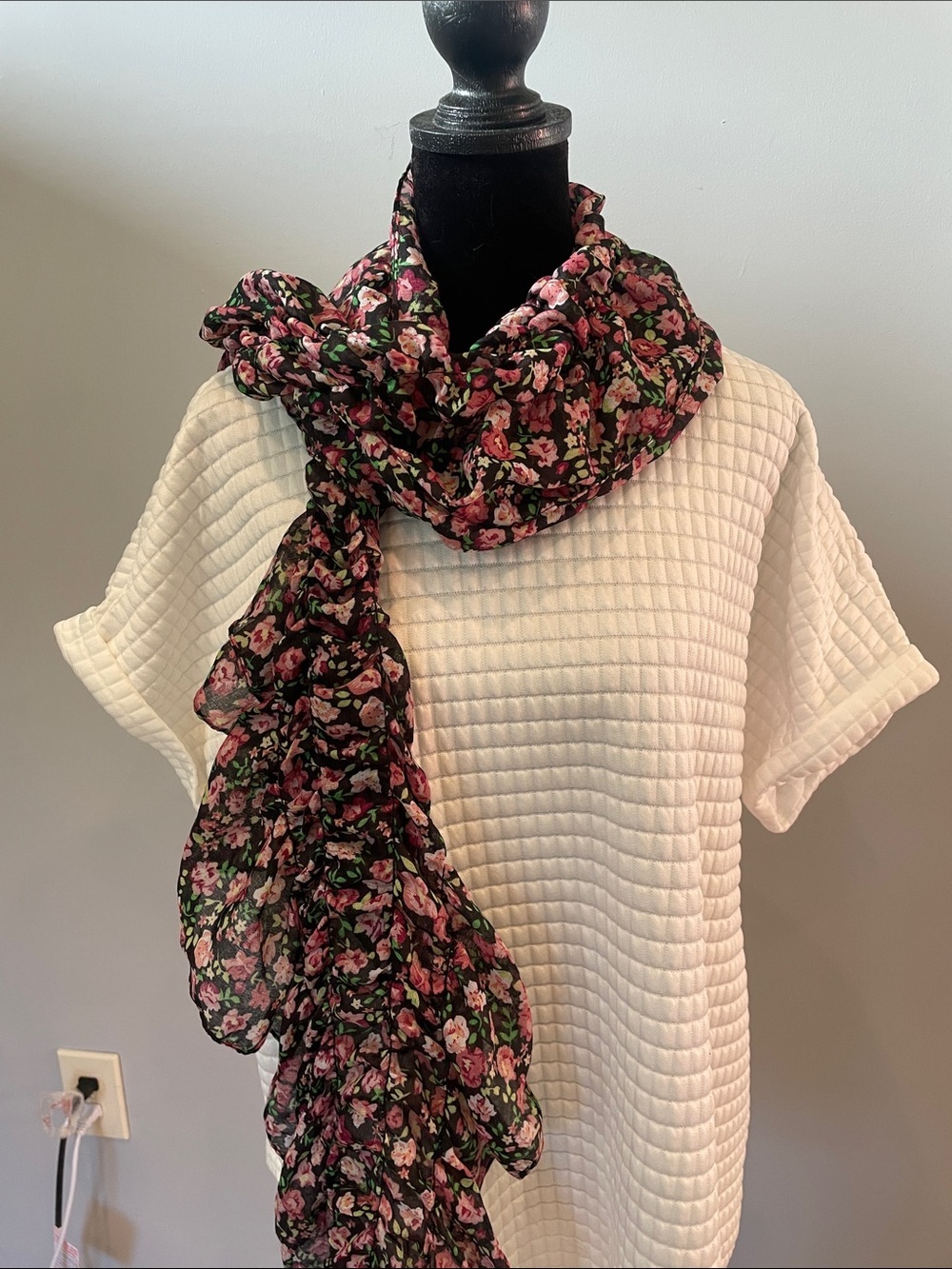 Lightweight Black Floral Scarf with Pink Roses